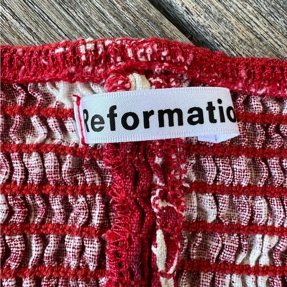 Reformation Leo Linen Top Nairobi Red Safari Print Button Detail Puff Sleeves 6 - Picture 14 of 15